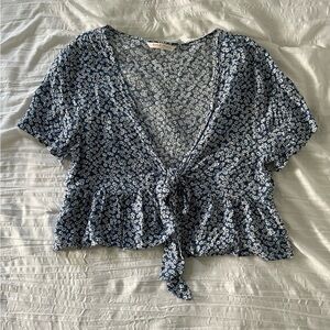 ROMWE Navy Floral Tie-Front Blouse